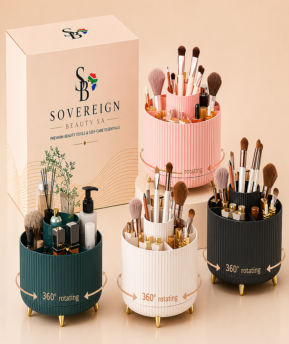 360° Rotating Makeup Brush Organiser - Main product shot showing all 4 colours